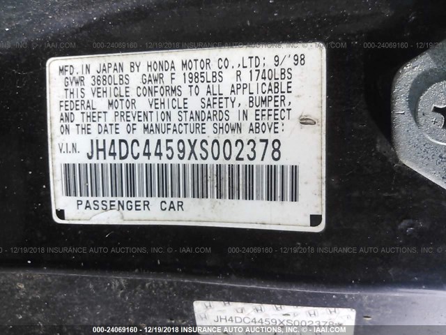 JH4DC4459XS002378 - 1999 ACURA INTEGRA LS BLACK photo 9