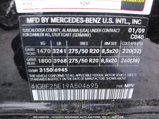 4JGBF25E19A504695 - 2009 MERCEDES-BENZ GL BLACK photo 9