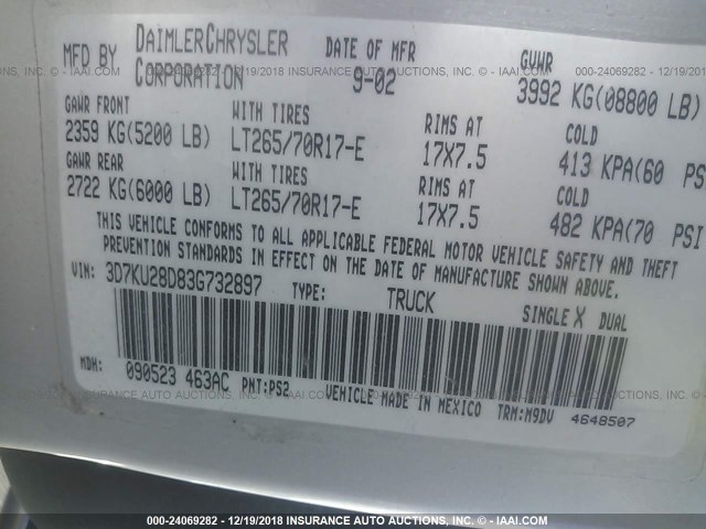 3D7KU28D83G732897 - 2003 DODGE RAM 2500 ST/SLT 银色 照片 9