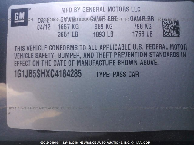 1G1JB5SHXC4184285 - 2012 CHEVROLET SONIC LS 灰色 照片 9