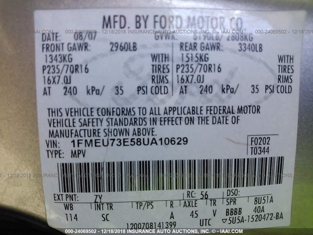 1FMEU73E58UA10629 - 2008 FORD EXPLORER XLT SILVER photo 9