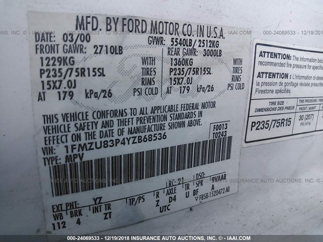 1FMZU83P4YZB68536 - 2000 FORD EXPLORER XLT WHITE photo 9