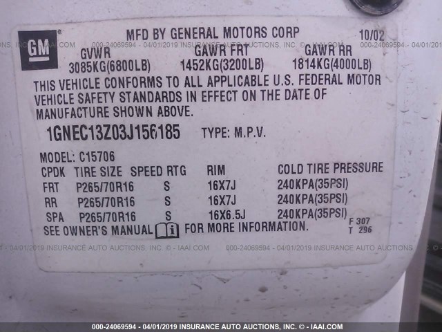 1GNEC13Z03J156185 - 2003 CHEVROLET TAHOE C1500 WHITE photo 9