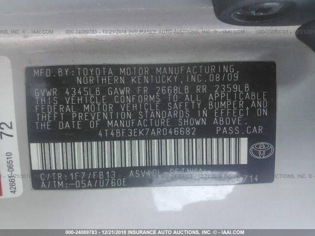 4T4BF3EK7AR046682 - 2010 TOYOTA CAMRY SE/LE/XLE SILVER photo 9