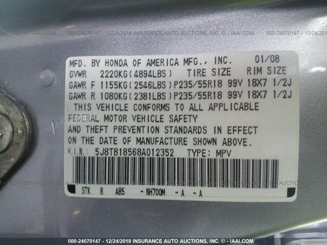 5J8TB18568A012352 - 2008 ACURA RDX TECHNOLOGY SILVER photo 9