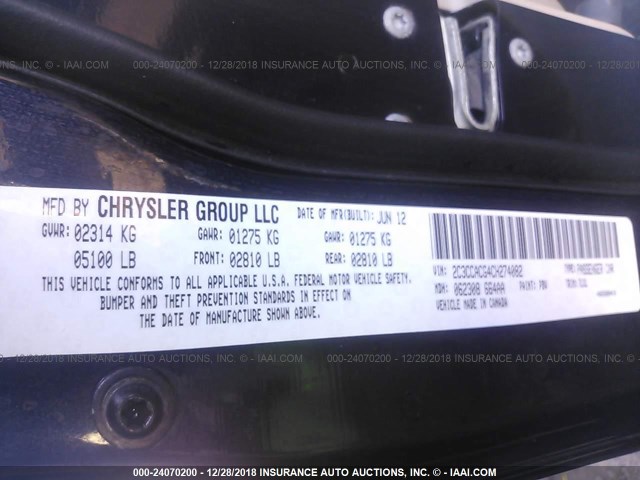 2C3CCACG4CH274082 - 2012 CHRYSLER 300 LIMITED BLACK photo 9