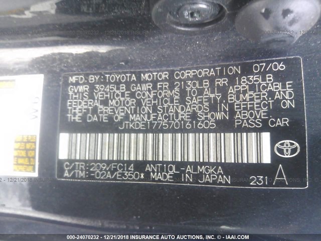 JTKDE177570161605 - 2007 TOYOTA SCION TC BLACK photo 9