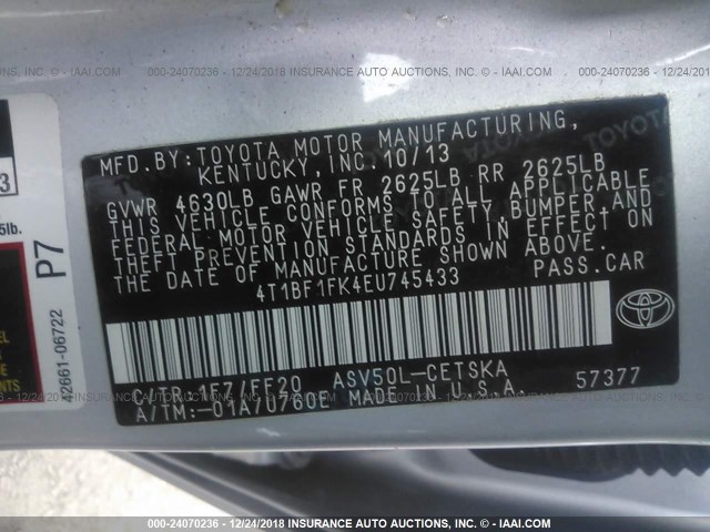 4T1BF1FK4EU745433 - 2014 TOYOTA CAMRY L/SE/LE/XLE SILVER photo 9