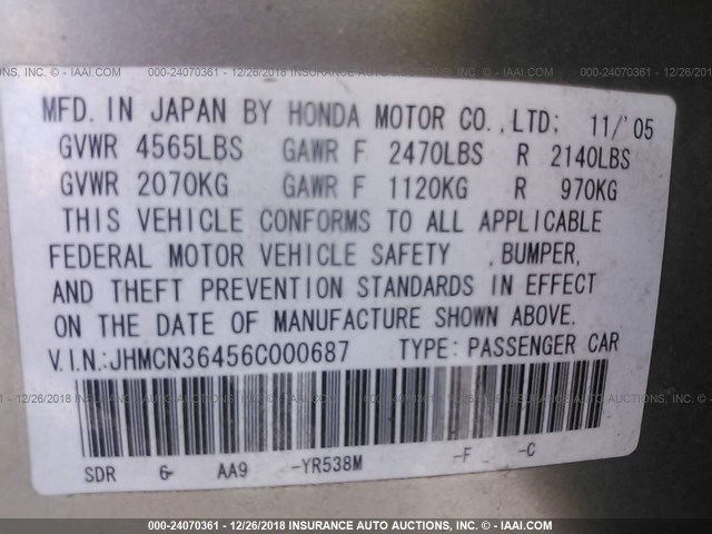 JHMCN36456C000687 - 2006 HONDA ACCORD HYBRID GOLD photo 9