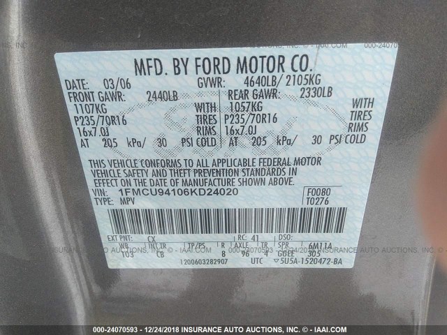 1FMCU94106KD24020 - 2006 FORD ESCAPE LIMITED GRAY photo 9