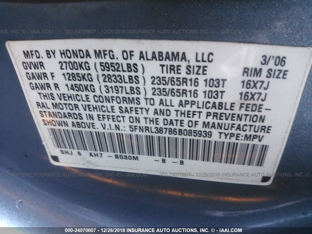 5FNRL38786B085939 - 2006 HONDA ODYSSEY EXL BLUE photo 9