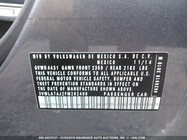 3VWLA7AJ2FM262406 - 2015 VOLKSWAGEN JETTA TDI GRAY photo 9