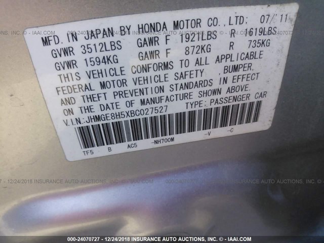 JHMGE8H5XBC027527 - 2011 HONDA FIT SPORT SILVER photo 9