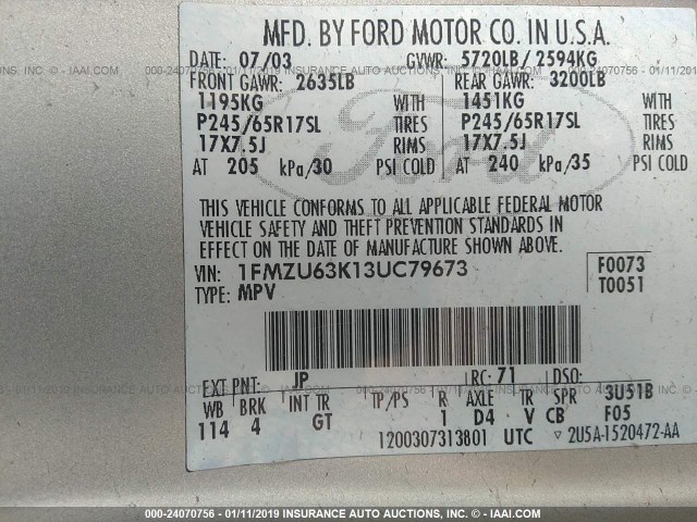 1FMZU63K13UC79673 - 2003 FORD EXPLORER XLT/XLT SPORT/NBX GRAY photo 9