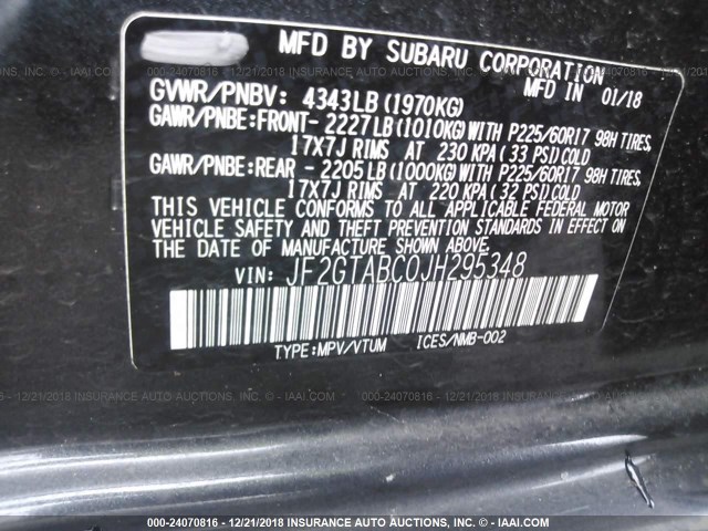 JF2GTABC0JH295348 - 2018 SUBARU CROSSTREK PREMIUM GRAY photo 9