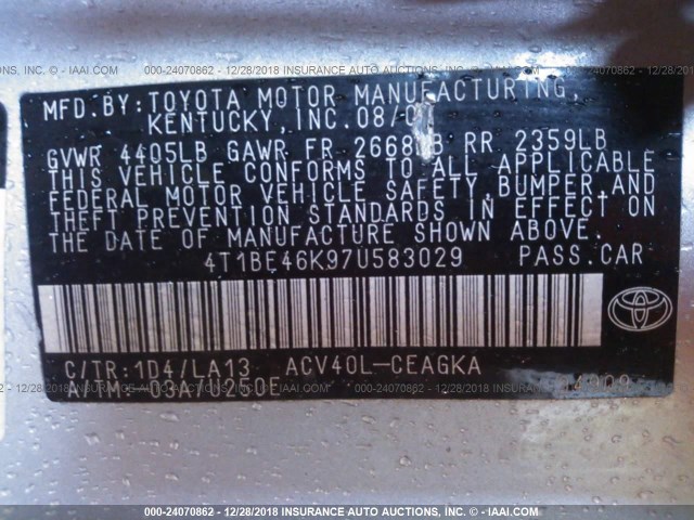 4T1BE46K97U583029 - 2007 TOYOTA CAMRY NEW GENERAT CE/LE/XLE/SE SILVER photo 9