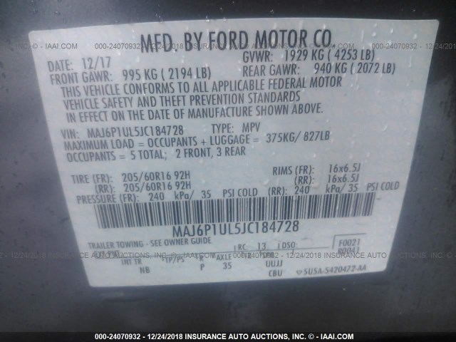 MAJ6P1UL5JC184728 - 2018 FORD ECOSPORT SE GRAY photo 9