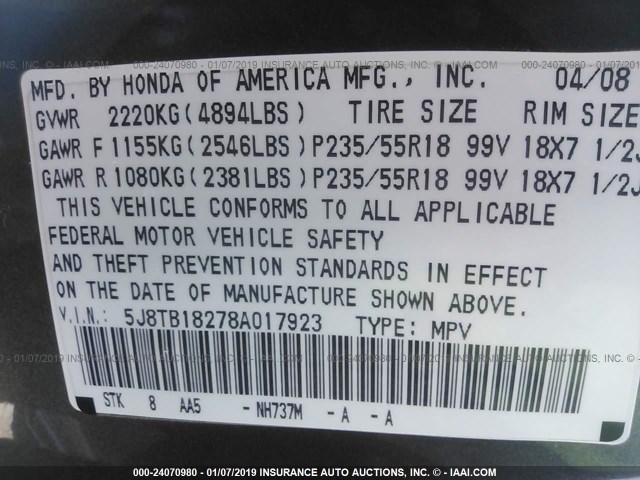 5J8TB18278A017923 - 2008 ACURA RDX GRAY photo 9