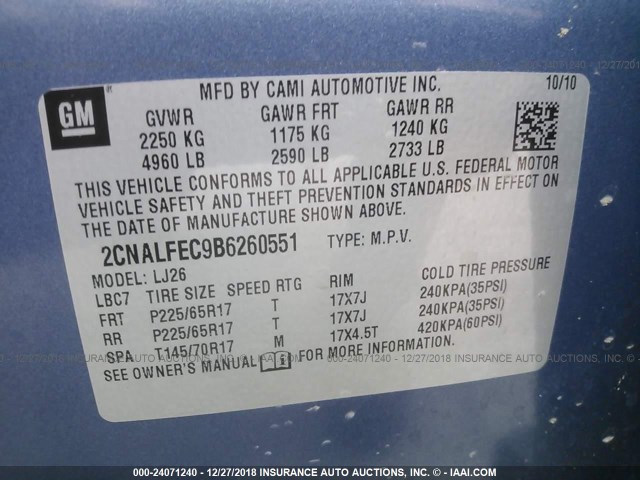 2CNALFEC9B6260551 - 2011 CHEVROLET EQUINOX LTZ BLUE photo 9