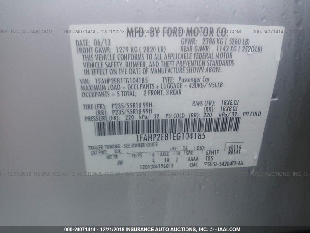 1FAHP2E81EG104185 - 2014 FORD TAURUS SEL SILVER photo 9