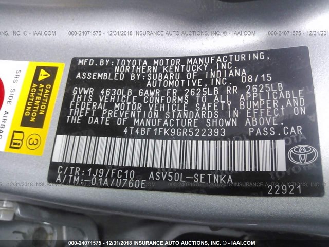 4T4BF1FK9GR522393 - 2016 TOYOTA CAMRY LE/XLE/SE/XSE SILVER photo 9