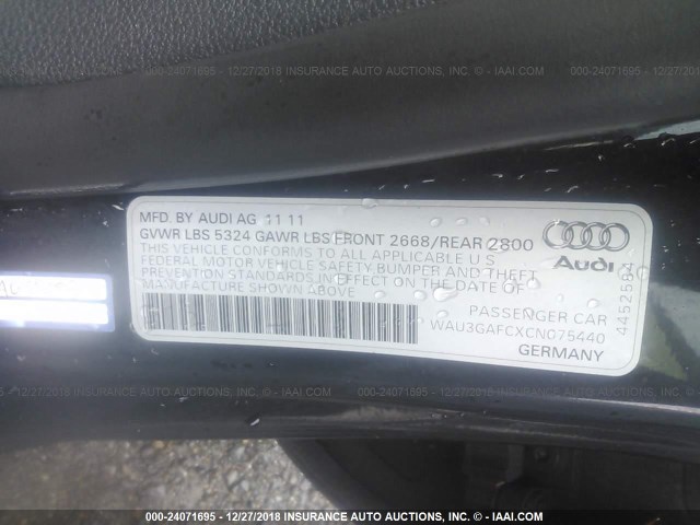 WAU3GAFCXCN075440 - 2012 AUDI A7 PRESTIGE BLACK photo 9