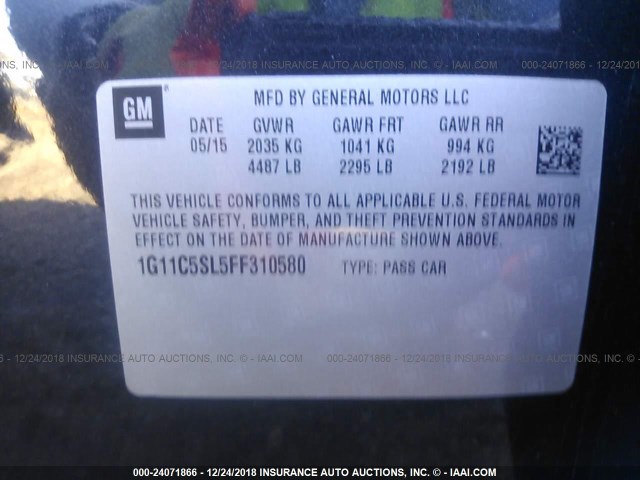 1G11C5SL5FF310580 - 2015 CHEVROLET MALIBU 1LT BLACK photo 9