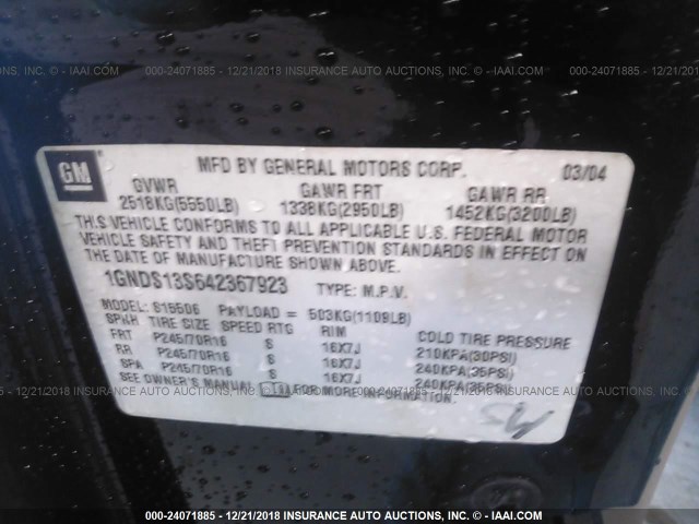 1GNDS13S642367923 - 2004 CHEVROLET TRAILBLAZER LS/LT BLACK photo 9