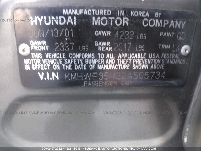 KMHWF35H22A505734 - 2002 HYUNDAI SONATA GLS/LX GRAY photo 9