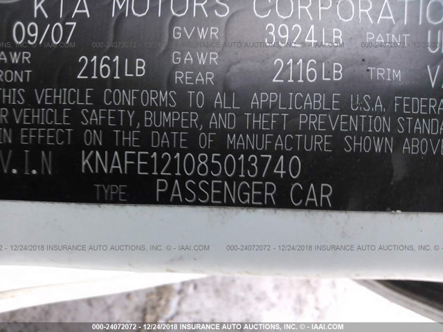 KNAFE121085013740 - 2008 KIA SPECTRA EX/LX/SX WHITE photo 9