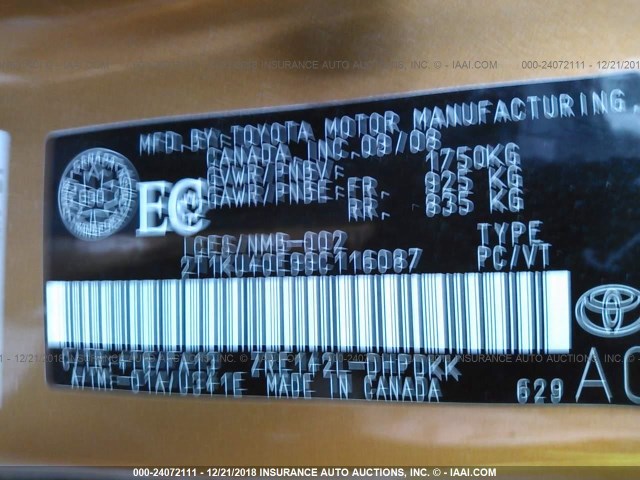 2T1KU40E99C116087 - 2009 TOYOTA COROLLA MATRIX  BROWN photo 9