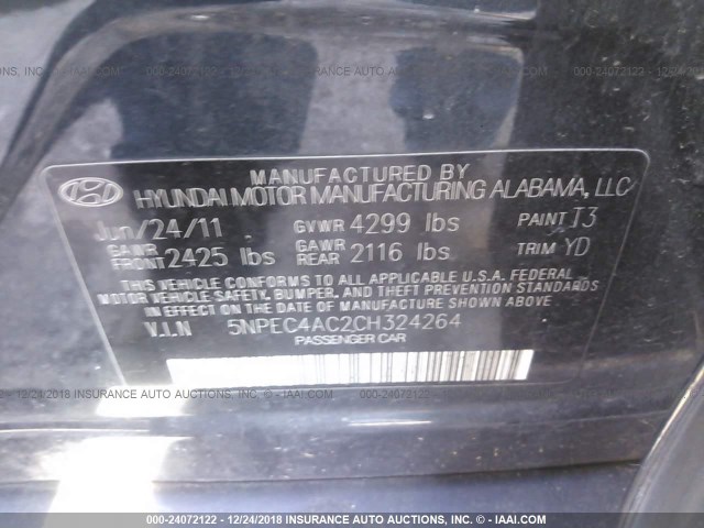 5NPEC4AC2CH324264 - 2012 HYUNDAI SONATA SE/LIMITED Dark Blue photo 9