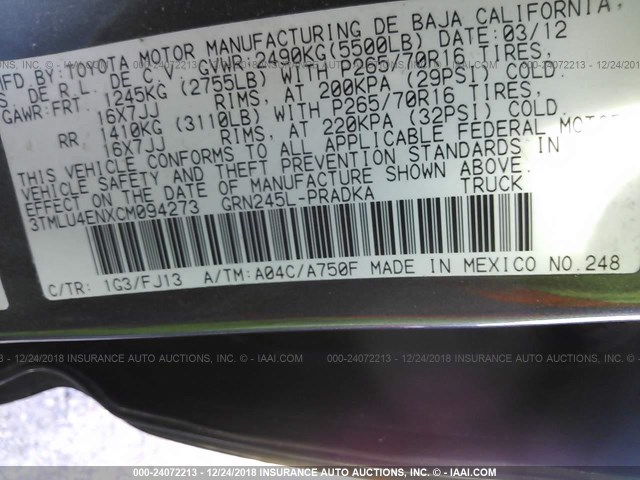 3TMLU4ENXCM094273 - 2012 TOYOTA TACOMA DOUBLE CAB 灰色 照片 9