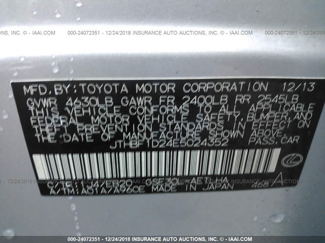 JTHBF1D24E5024352 - 2014 LEXUS IS 250 SILVER photo 9