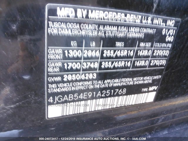 4JGAB54E91A251768 - 2001 MERCEDES-BENZ ML 320 BLACK photo 9