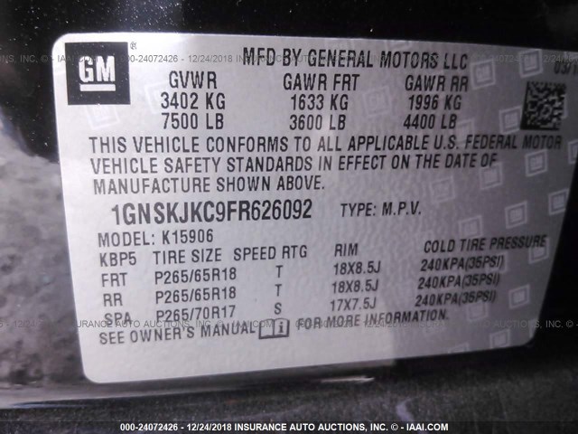 1GNSKJKC9FR626092 - 2015 CHEVROLET SUBURBAN K1500 LT BLACK photo 9