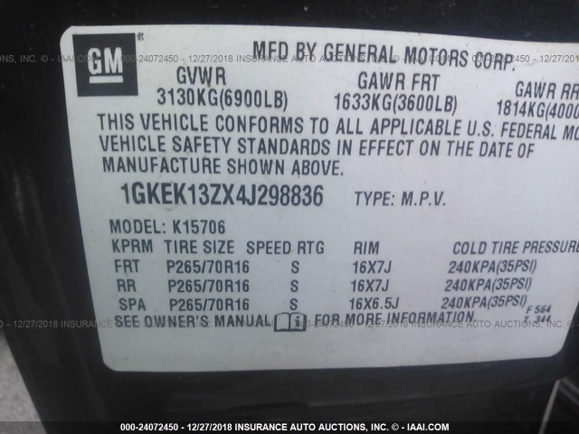 1GKEK13ZX4J298836 - 2004 GMC YUKON BLACK photo 9