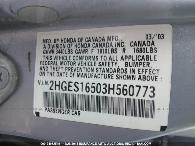 2HGES16503H560773 - 2003 HONDA CIVIC LX SILVER photo 9