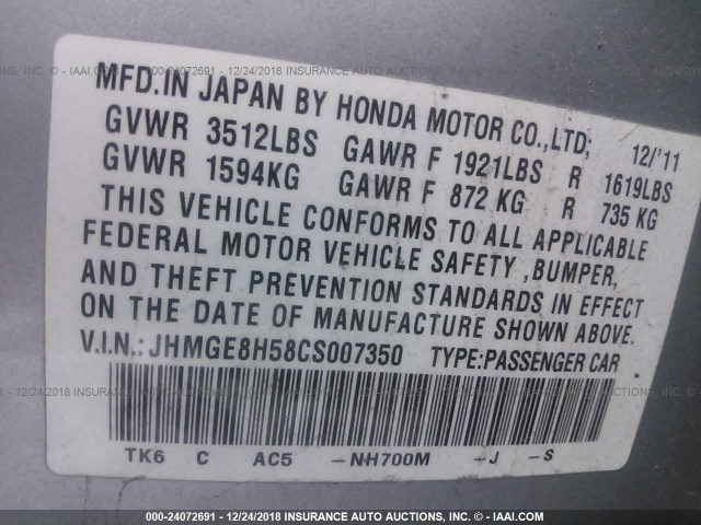 JHMGE8H58CS007350 - 2012 HONDA FIT SPORT SILVER photo 9