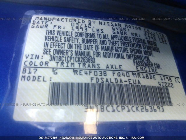 3N1BC1CP1CK263693 - 2012 NISSAN VERSA S/SL BLUE photo 9