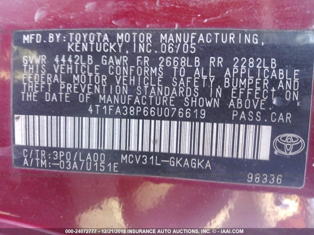 4T1FA38P66U076619 - 2006 TOYOTA CAMRY SOLARA SE/SLE GRAY photo 9