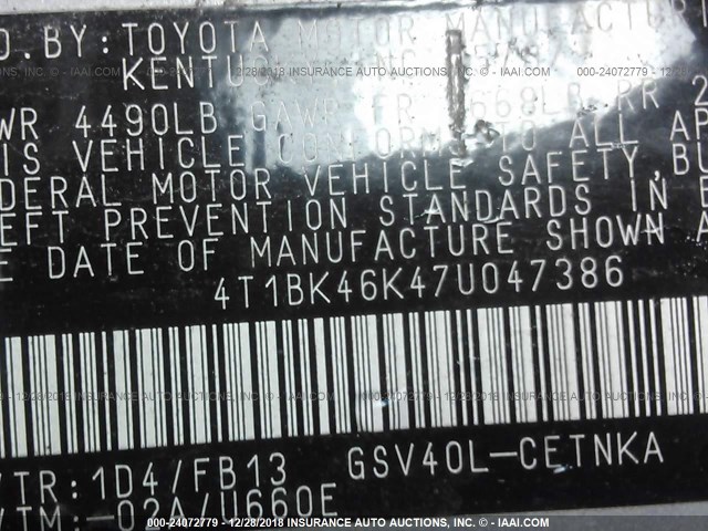 4T1BK46K47U047386 - 2007 TOYOTA CAMRY NEW GENERAT LE/XLE/SE SILVER photo 9