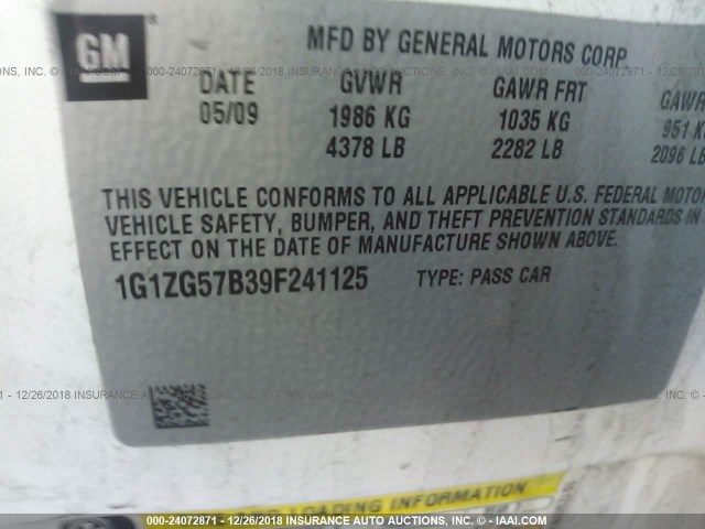 1G1ZG57B39F241125 - 2009 CHEVROLET MALIBU LS 白色 照片 9