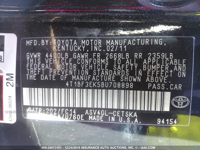 4T1BF3EK5BU708898 - 2011 TOYOTA CAMRY SE/LE/XLE BLACK photo 9