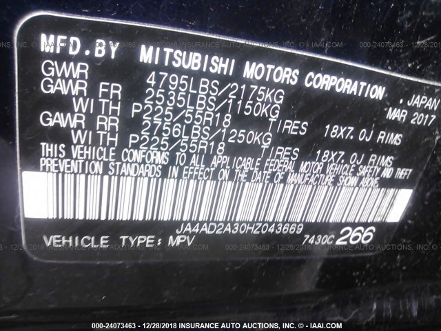 JA4AD2A30HZ043669 - 2017 MITSUBISHI OUTLANDER ES BLUE photo 9