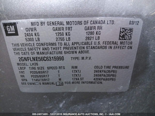 2GNFLNE56C6315990 - 2012 CHEVROLET EQUINOX LT GRAY photo 9