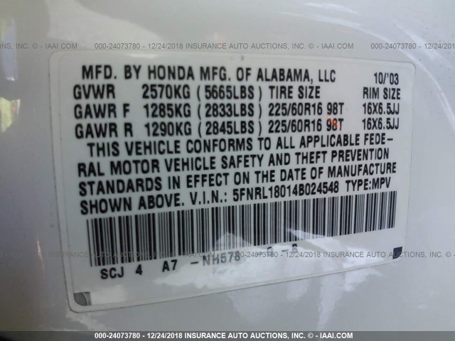 5FNRL18014B024548 - 2004 HONDA ODYSSEY EXL WHITE photo 9