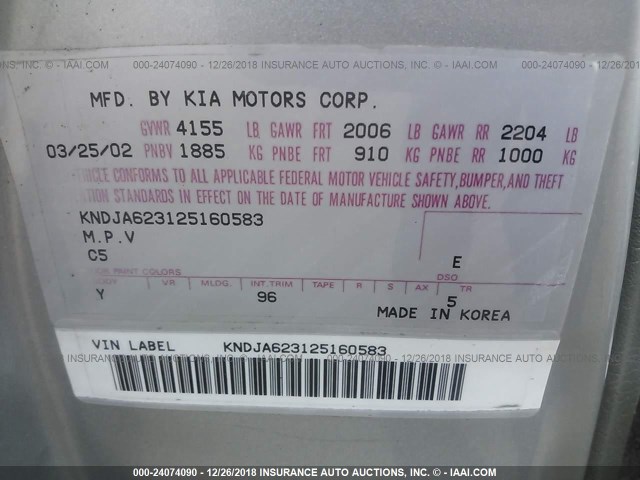 KNDJA623125160583 - 2002 KIA SPORTAGE GRAY photo 9