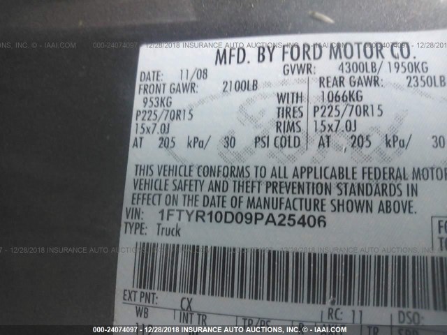 1FTYR10D09PA25406 - 2009 FORD RANGER GRAY photo 9