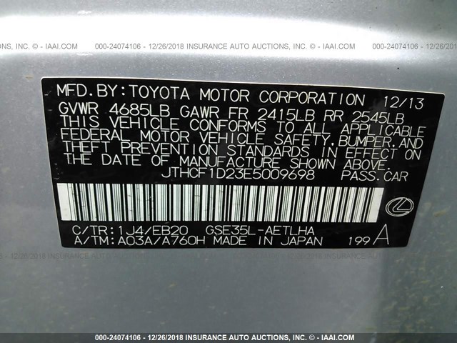 JTHCF1D23E5009698 - 2014 LEXUS IS 250 SILVER photo 9